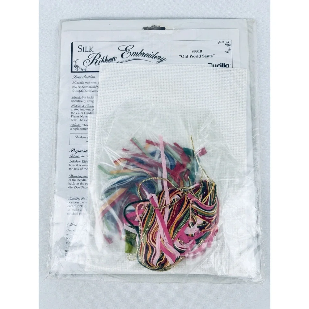 Vintage Bucilla Silk Ribbon Embroidery Kit Old World Santa Stocking Christmas